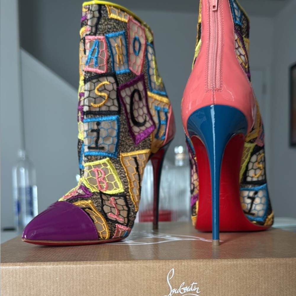 Christian Louboutin Multicolor Patchwork Stiletto Booties with Red Soles